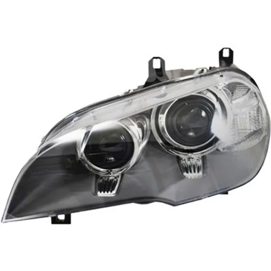 Far stanga BMW X5 E70 2006->2013 perioada 2006 2007 2008 cu motor reglaj, fumuriu, semnal transparent, cu reglaj electric, cu bec H7/H1