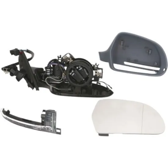 Oglinda exterioara stanga AUDI A4 B8 2007->2015 perioada 2007 2008 2009 2010 2011 2012 de la an de fabricatie 07/2008, pana la an de fabricatie 12/2010, cu semnal, reglaj electric, numar pini 14, cu incalzire, cu memorie, cu incalzire, rabatare electrica, prevopsit grund 4 pini,