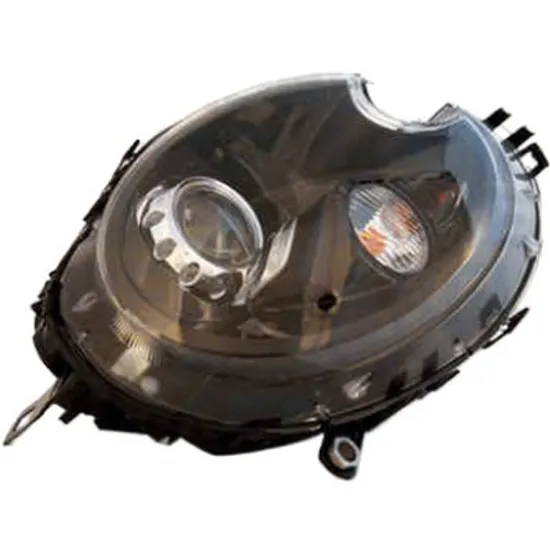 Far stanga MINI MINI cupe R58 2010->2015, MINI Roadster R59 2011->2015 perioada 2010 2011 2012 2013 2014 2015 cu motor reglaj, fara unitate de control Xenon, fumuriu, semnal alb, cu bec D1S tub descarcare gaze