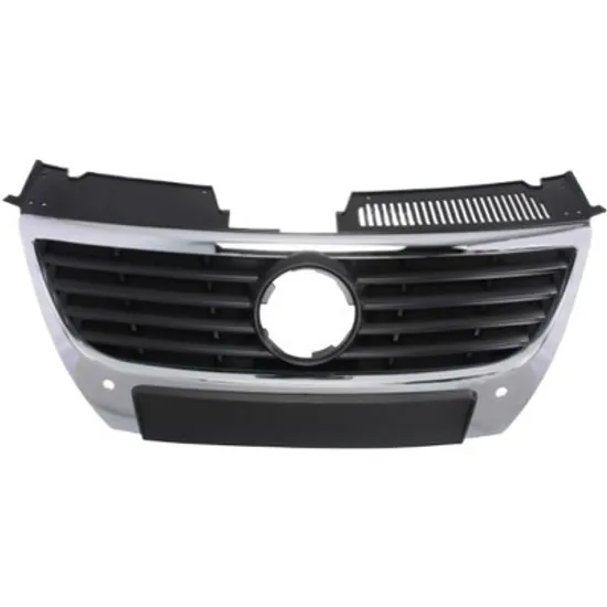 Grila radiator VW PASSAT B6 2005->2010 perioada 2005 2006 2007 2008 , cromat/negru, diametru mm 130, cu gaura pentru emblema, cu senzori parcare, cu gauri pentru pilot parcare, cu locas pentru emblema