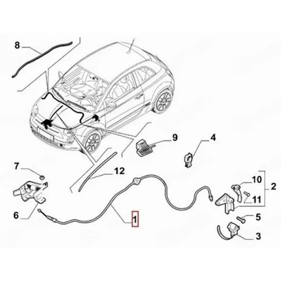 Broasca capota fata FIAT 500e 2020-> Inchizator capota fata cu cabluri (O) Perioada 2020 2021 2022 2023 2024 2025