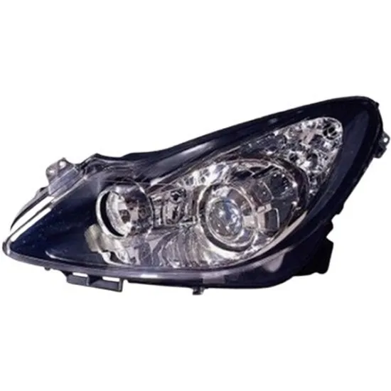 Far stanga OPEL CORSA D 2006->2014 perioada 2006 2007 2008 2009 2010 2011 2012 2013 2014 pana la an de fabricatie 03/2011, fara motor reglaj, cromat/negru, semnal transparent, cu reglaj electric, adaptiv, cu bec H7/H1/H1