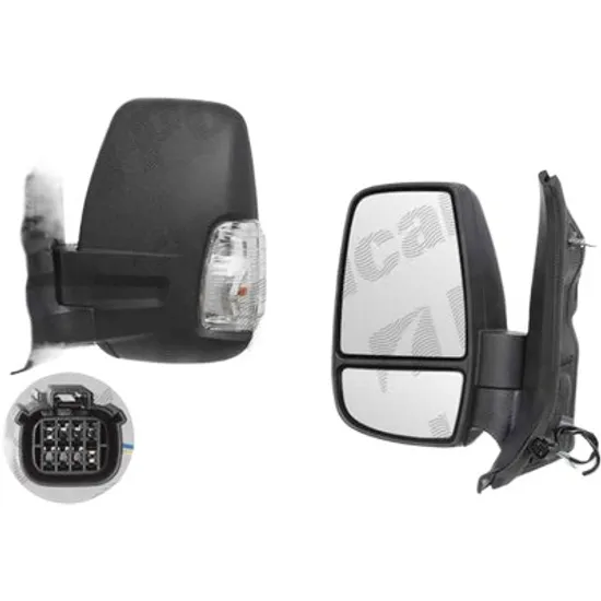Oglinda exterioara stanga FORD TRANSIT CONNECT 2014-> perioada 2013 2014 2015 2016 2017 2018 , portocaliu, cu semnal, inaltime cm 21, latime cm 48,5, lungime cm 33, reglaj manual, brat oglinda scurt, cu bec W16W