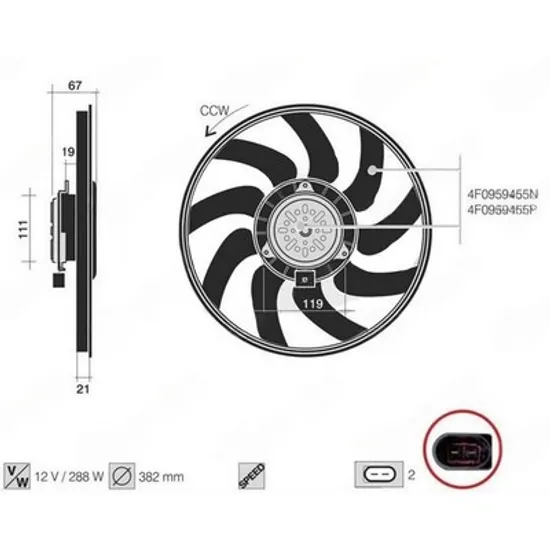 Ventilator Motor AUDI A6 C6 2004->2011 Ventilator (motor+elice) 3.0 TFSI benzina (382 mm) (2PIN) Perioada 2008 2009 2010