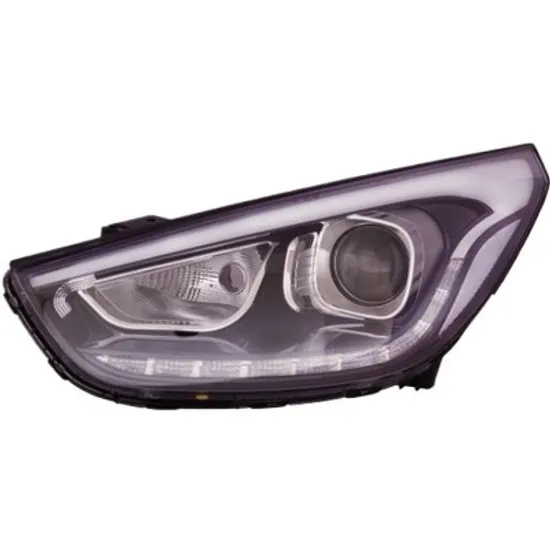 Far dreapta HYUNDAI ix35 / TUCSON 2009-> perioada 2012 2013 2014 2015 2016 2017 de la an de fabricatie 2013, fumuriu, fara motor reglaj, fara LED, semnal transparent, cu reglaj electric, cu daylight, cu daylight LED, cu bec HIR2