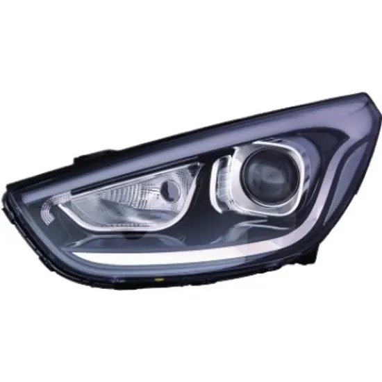 Far stanga HYUNDAI ix35 / TUCSON 2009-> perioada 2012 2013 2014 2015 2016 2017 de la an de fabricatie 2013, fumuriu, fara motor reglaj, fara LED, semnal transparent, cu reglaj electric, cu bec HIR2
