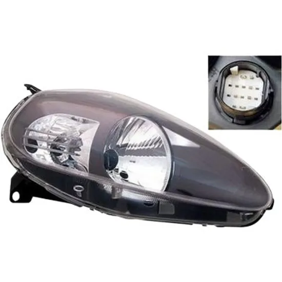 Far dreapta FIAT GRANDE PUNTO 199 2005-> perioada 2008 2009 2010 2011 2012 2013 pana la an de fabricatie 10/2008, cu motor reglaj, fumuriu, semnal transparent, cu reglaj electric, numar pini 14, cu bec H4