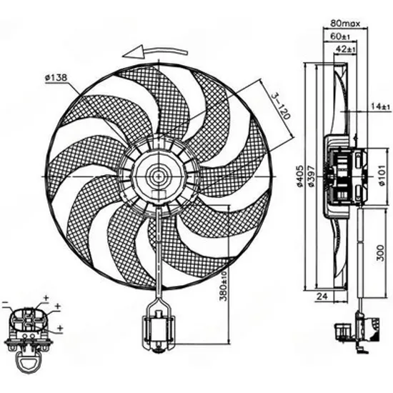 Ventilator Motor OPEL ASTRA J 2009->2015 Ventilator (motor+elice ) (400 mm) (4PIN) 1.4-1.6-1.8 TURBO Perioada 2013 2014 2015 2016